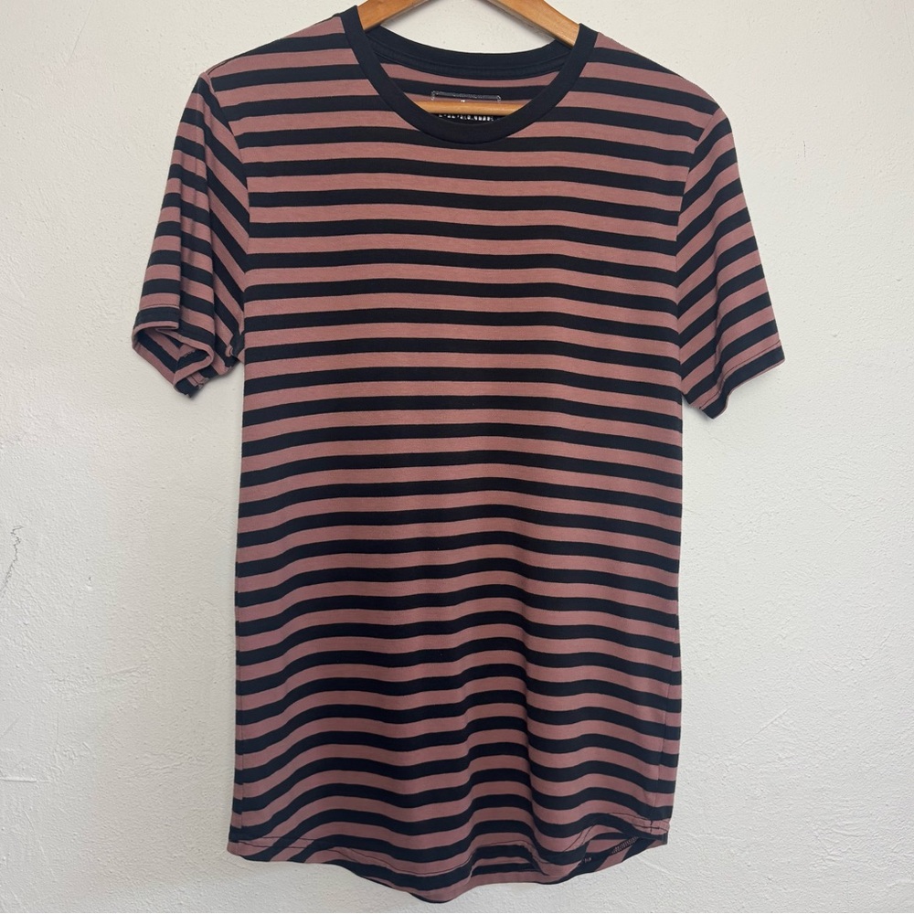 Brown & Black Striped Streetwear Urban‎ Punk Round Hem Short Sleeve T-shirt